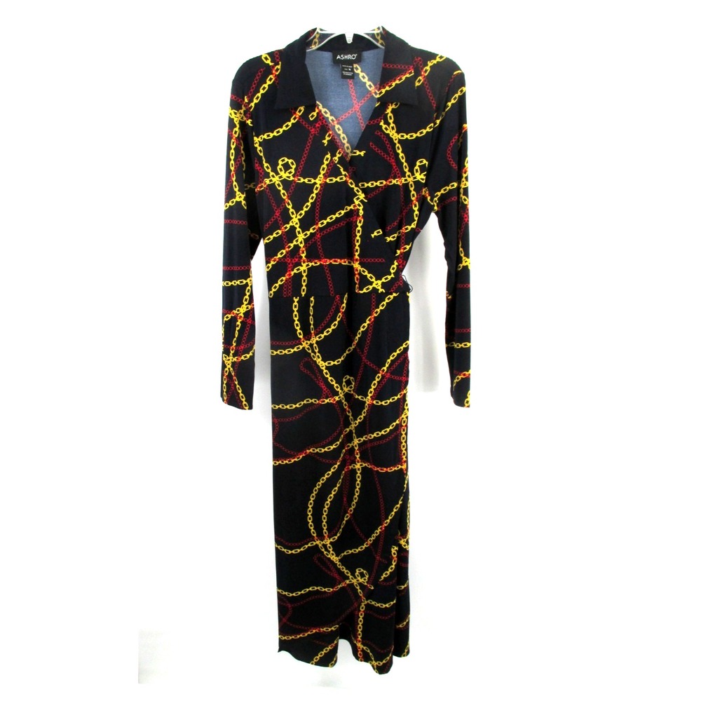 ASHRO Maxi Wrap Dress Womens 16 Black Baroque Chain Print Collared Long Sleeve